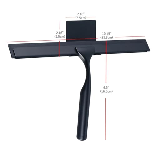 Image of J&V TEXTILES All-Purpose Stainless Steel Shower Squeegee for Glass Doors with Adhesive Hooks, Squeegee for Shower Glass, Bathroom Household Cleaner Tool, 10 Inch (Black)