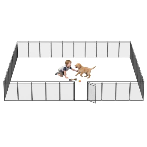 Image of Dog Playpen with Safety Mesh, 40 inch Height 40 Panels Metal Dog Fence Indoor Outdoor, Portable Dog Kennel for Camping, Yard & RV | Black-Silver