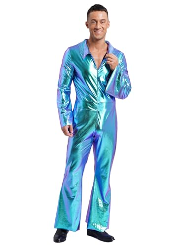 Mens Shiny Metallic Disco Party Jumpsuit Full Body Bodysuit Flare Pants Bell-bottoms Hippie Rompers