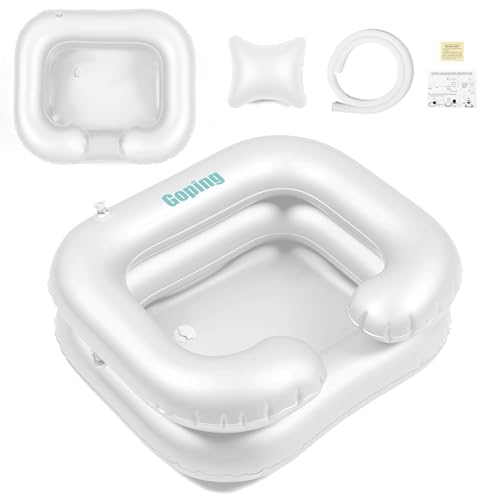 Goping Large Size Inflatable Hair Washing Basin with Neck Fit Movable Head Pillow Shampoo Basin for Elderly Disabled Pregnant Injured Bedridden, 0.28mm with User Manual