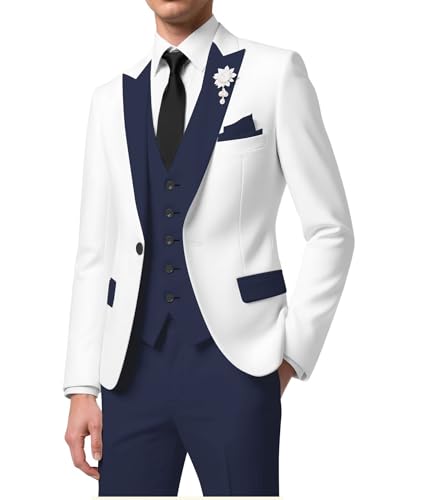 White Suit Men Slim Fit -White Tuxedo Suit 3 Piece Jacket Pants Vest Set Mens-Man Business Regular Fit Suits