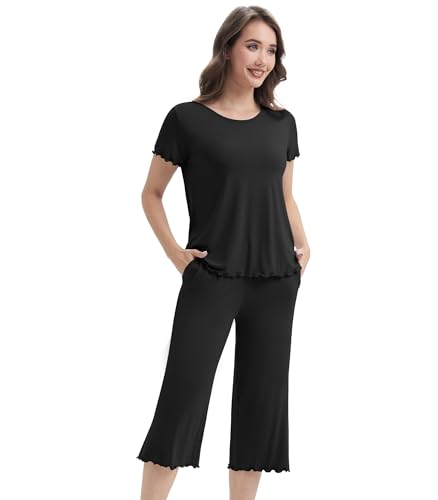 Image of WiWi 3 PCS Pajamas for Women Set Short Sleeve Pajama Sets Capri and Shorts Pj Sets Super Soft Cooling Sleepwear S-XXL