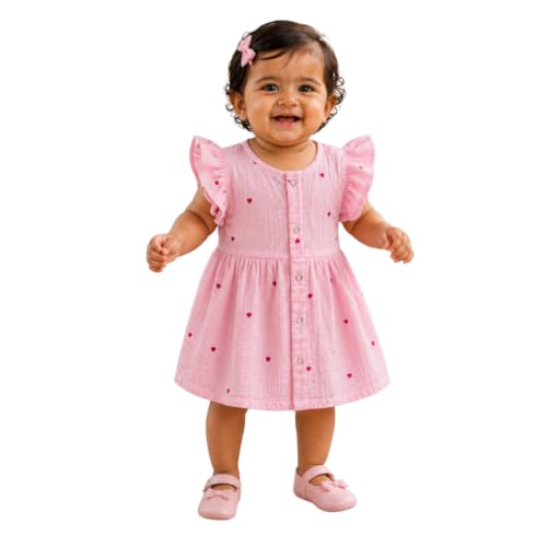 Image of Lilimi Toddler Baby Girl Cotton Muslin Dress, Breathable Flutter Sleeve Button-Front Cute Frocks
