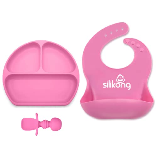 Image of Silicone Baby Feeding Set | Suction Plate for Toddlers + Pocket Bib + Bendable Spoon | BPA Free | Dishwasher, Microwave and Oven Safe (Pink)