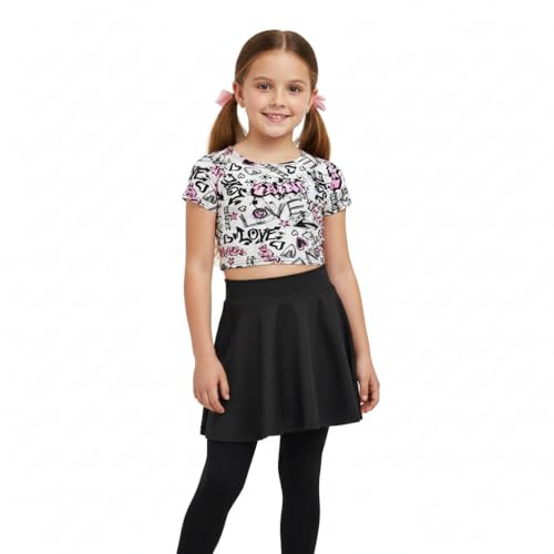 A2Z 4 Kids Girls Love Graffiti Scribble Print Crop Top & Black Skater Skirt Set Age 7-13 Years