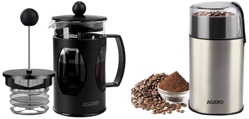 Image of AGARO Coffee Elite | Electric Grinder (60g, Home) + French Press (600ml, 4-6 Cups) | Borosilicate Glass | Steel Filter | for Daily Brewing | Silver | FDA Approved