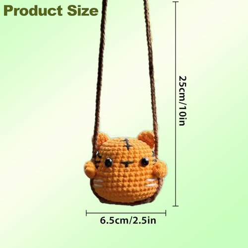 Image of Crochet Swinging Tiger Car Mirror Hanging Accessories, Cute Car Decorations for Women Aesthetic, Handmade Knitted Rearview Mirror Car Accessories Home Office Car Mirror Decor