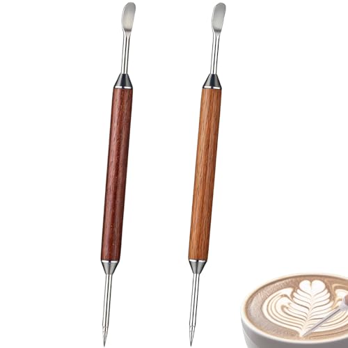 Zijipjy 2-Pack Latte Art Pen Double-Ended Stainless Steel Coffee Art Pen with Wood Handle Professional Barista Tools & Gifts for Espresso & Latte Arts Designs Home and Cafe Use