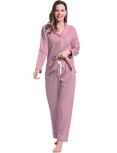 Ladies Jersey Cotton Sleepwear/Pajamas/Pyjamas/Pjs/Lounge Set Long Sleeve(Dark Pink,Large) #TOP1
