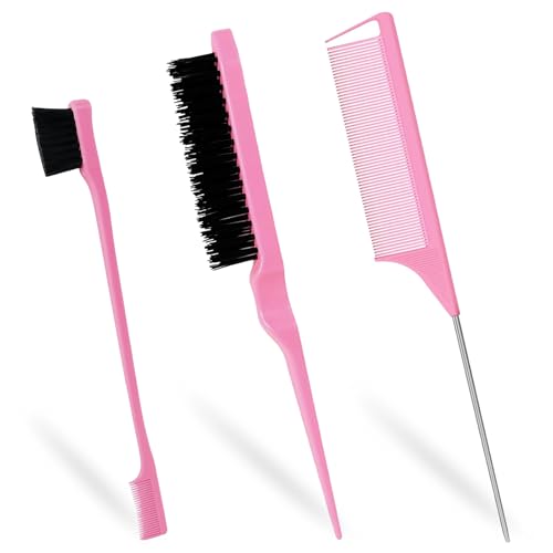 Sularpek 3 Pcs Slick Brush Set, Plastic Bristle Hair Brush Teasing Comb Edge Hair Brush Teasing Brush Set, Rat Tail Comb Double Sided Edge Brush, for Hairdresser Women Baby Children (Pink)