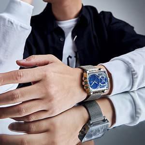 FEICE Mens Square Qaurtz Watches-Big Face Two Time Zone, Waterproof Chronograph, Alarm, Date, Stainless Steel Band Digital Analog Watch for Men