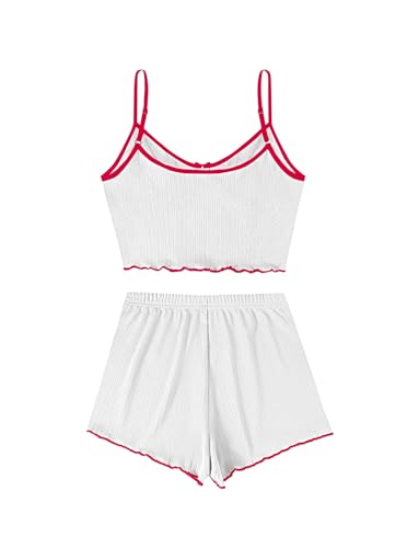 Image of Hilinker Womens Graphic Print Ribbed PJ Set Crop Cami Tops and Shorts Cute Pajamas Set