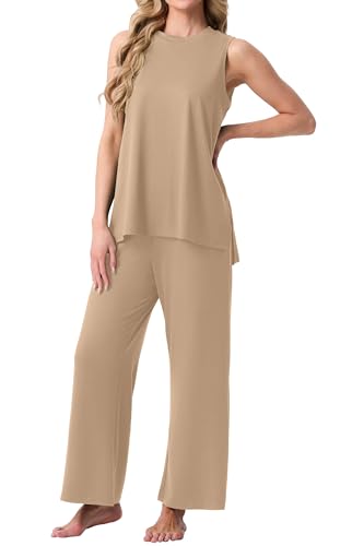 Image of PrinStory Womens Pajamas Sets 2 Piece Soft Pjs for Women Sleeveless Pajama Set Summer Loungewear with Pockets
