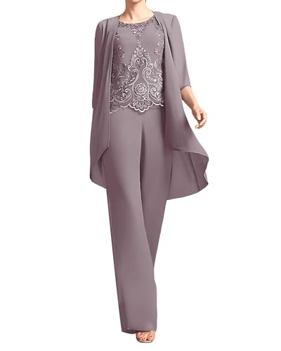 3 Pieces Mother of The Bride Pant Suits - 3/4 Sleeve Lace Chiffon Formal Jumpsuits for Women