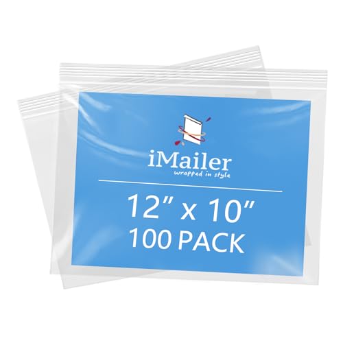 iMailer- 12" x 10" 100 Pack- 2 Mil Resealable Zip Bags- Clear Plastic Bags with Zip Top Lock for Storage, Organizing, Crafts, Travel