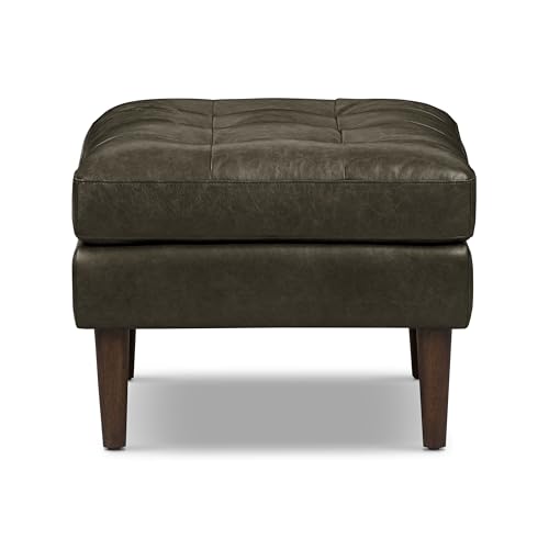 Image of Poly & BARK Napa Ottoman - Full-Grain Leather Upholstered Ottoman with Feather-Down Topper - Couch for Living Room - Vintage Italian Leather in Olivine Green