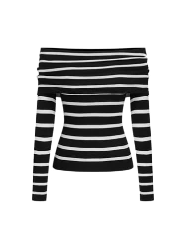 CIDER Striped Off The Shoulder Long Sleeve Knit Sweaters Going Out Fall Tops