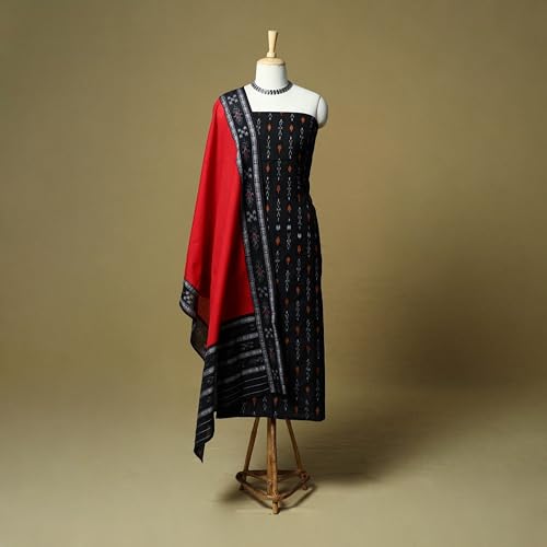 Image of Women Cotton Embroidered Unstitched Suit Set with Traditional Ikat Design