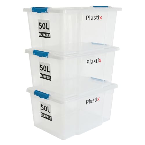 Plastix 3 X 50 Liter storage box containers with lids Set of 3 Really useful plastic box for Store Home & Office stuff Stackable [UK Made]
