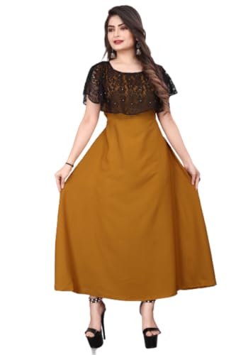 Image of Women's Poly Crepe Round Neck Plain Gown Dress