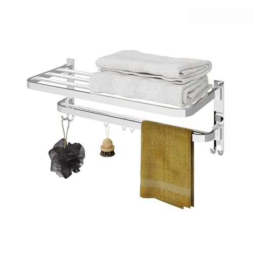 Image of GRIVAN Stainless Steel 24-Inch Folding Towel Rack with Hooks | Bathroom Shelf, Cloth Hanger, Stand for Wall - Towel Holder in Bathroom (Silver Chrome Finish)