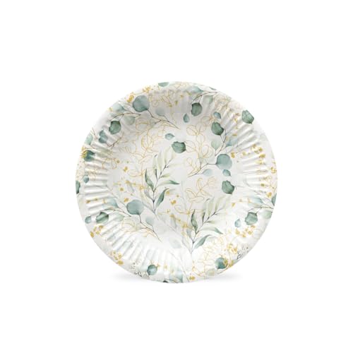 PAW - Platos Desechable para Fiestas (18 cm) I 8 Piezas I Platos de Papel Ideal para Bodas, Comuniones, Fiestas, Cumpleaños I Impresión de Vasos de Papel al Agua I Eucalipto Dorado