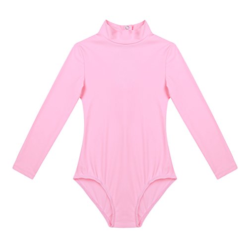 QinCiao Girls Kids Basic Stretch Long Sleeve Mock Turtle Neck Leotard Gymnastic Ballet Dance Leotard Active Top T-Shirt Pink 5-6
