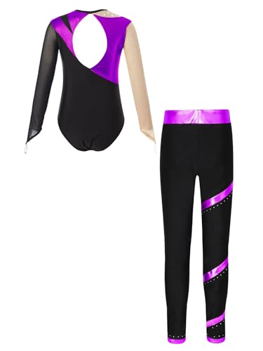 JEATHA Kids Girls Figure Skating Outfits Gymnastics Tumbling Athletic Dance Leotard with Leggings Pants Set2