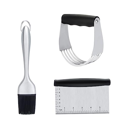 Yardwe 3 in 1 Stainless Steel Pastry Cutter Dough Knife Bbq Brush Set Easy to Clean Essential Kitchen Utensil