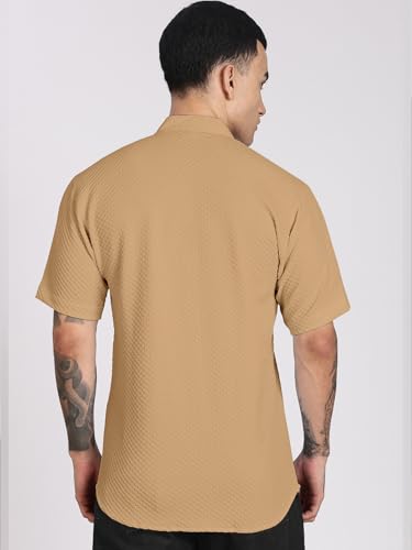 Image of Men's Regular Fit Solid Casual Shirt - Short Sleeve, Mandarin Collar, Lightweight Polyester, Stylish Everyday Wear