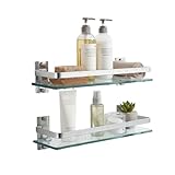 AIJALY 2 Pack Bathroom Glass Shelf,15.7 Inches Silver Bathroom Shower Glass Shelf Wall-Mounted, Metal Storage Floating Kitchen Shelf