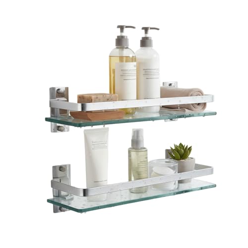 AIJALY 2 Pack Bathroom Glass Shelf,15.7 Inches Silver Bathroom Shower