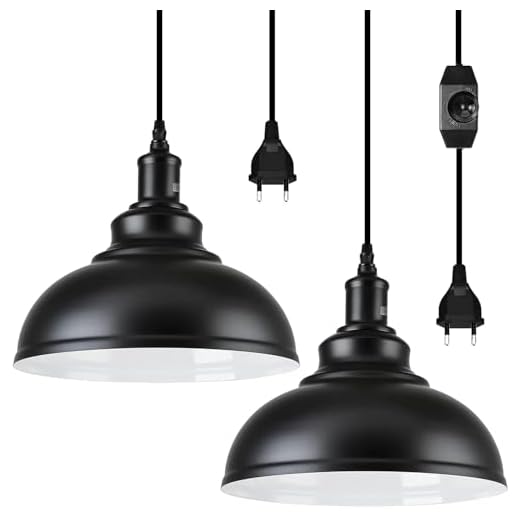 Hängelampe mit Stecker, 2 Stück Dimmbar Vintage Pendelleuchte mit 4.5m Kabel & Dimmer Schalter, E27 Lampefassung Schwarz Metall Hängeleuchte für Outdoor & Innen Küche Garten Balkon Terrasse, Ø 26CM