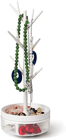 INMORVEN Small Jewelry Stand, Jewelry Tree Stand Organizer Earring Holder Necklace Display Tower with Acrylic Jewelry Tray, Storage for Bracelet Ring Ear Studs Watch (14.2 inch)