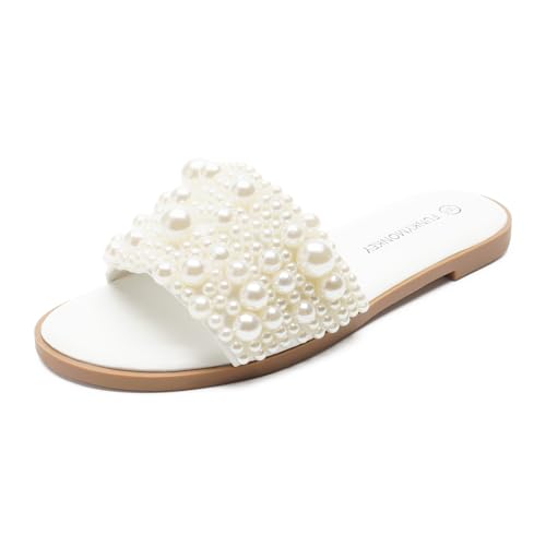 FUNKYMONKEY Women's Pearls Flat Sandals Slip-on Open Toe Dressy Summer Beach Casual Slide