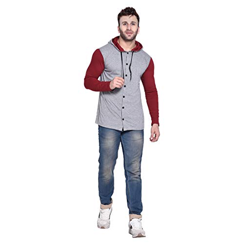 Image of Geum Men's Full Sleeve Hooded T-Shirt with Button-Down Front | Casual Slim Fit Cotton Shirt-Style Tee