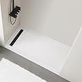 MORVANO 32 x 60 x 4 Shower Base with Single Threshold Rectangular Left Drain Location Shower Base in Glossy White, Acrylic Shower Pan with Black Stainess Steel Cover, Left Drain