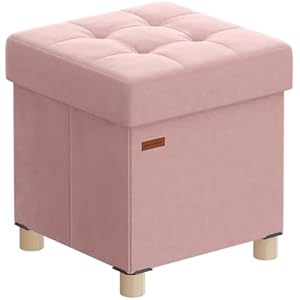 SONGMICS Small Storage Ottoman, Folding Ottoman Cube, 15 x 15 x 15.7 Inches, Footstool, Footrest, 9.8 Gal. (37 L), Velvet Surface, for Bedroom, Living Room, Dorm, Jelly Pink ULSF0516R01 Jell