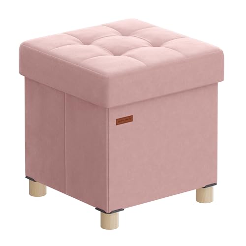 SONGMICS Small Storage Ottoman, Folding Ottoman Cube, 15 x 15 x 15.7 Inches, Footstool, Footrest, 9.8 Gal. (37 L), Velvet Surface, for Bedroom, Living Room, Dorm, Jelly Pink ULSF0516R01 Jell