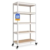 HOMEDANT House 組立簡単 ラミネート スチールラック キッチン 5段 幅90 奥行40 高さ176 ホワイト キャスター付き ホームダント 車輪 調整可能 棚 収納棚 メタルラック 倉庫 ガラージ オフィス 業務用
