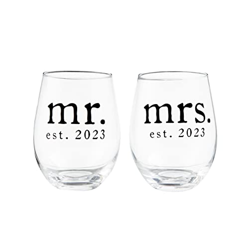 Verre à vin Mr Mrs 2023 Mud Pie en cristal clair de table