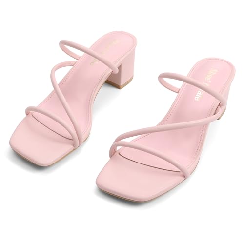 Image of Shoe'N Tale Strappy Heels For Women Low Chunky Block Heel Heeled Sandals Square Open Toe Slip On Slides Mules