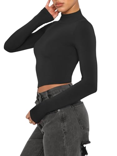 REORIA Women's Cute Mock Turtleneck Long Sleeve Ribbed Tight Tshirts Crop Tops - Image 3
