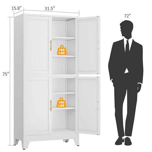 Image of PAOFIN White Metal Storage Cabinet, Pantry With 4 Doors and Adjustable Shelves, Leveling Foot for Kitchen, Living Room and Dinning Room, 75 inch H