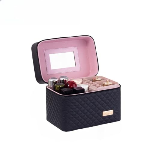 「Jiasemine」メイクボックス コスメボックス 大容量 化粧箱 収納ケース 小物入 ブラック ミラー付 (ブラック,27*18*24cm)