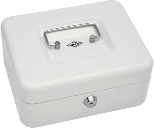 Wedo 145200X Geldkassette (aus pulverbeschichtetem Stahl, versenkbarer Griff, 5-Fächer-Münzeinsatz, Sicherheits-Zylinderschloss, 20 x 16 x 9 cm) weiß