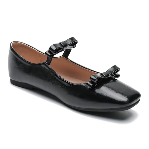 LIURUIJIA Women's Ballet Flats with Bow Square Toe Casual Comfortable Retro Mary Jane Lolita Dress Shoes Black 44 US 10.5 5