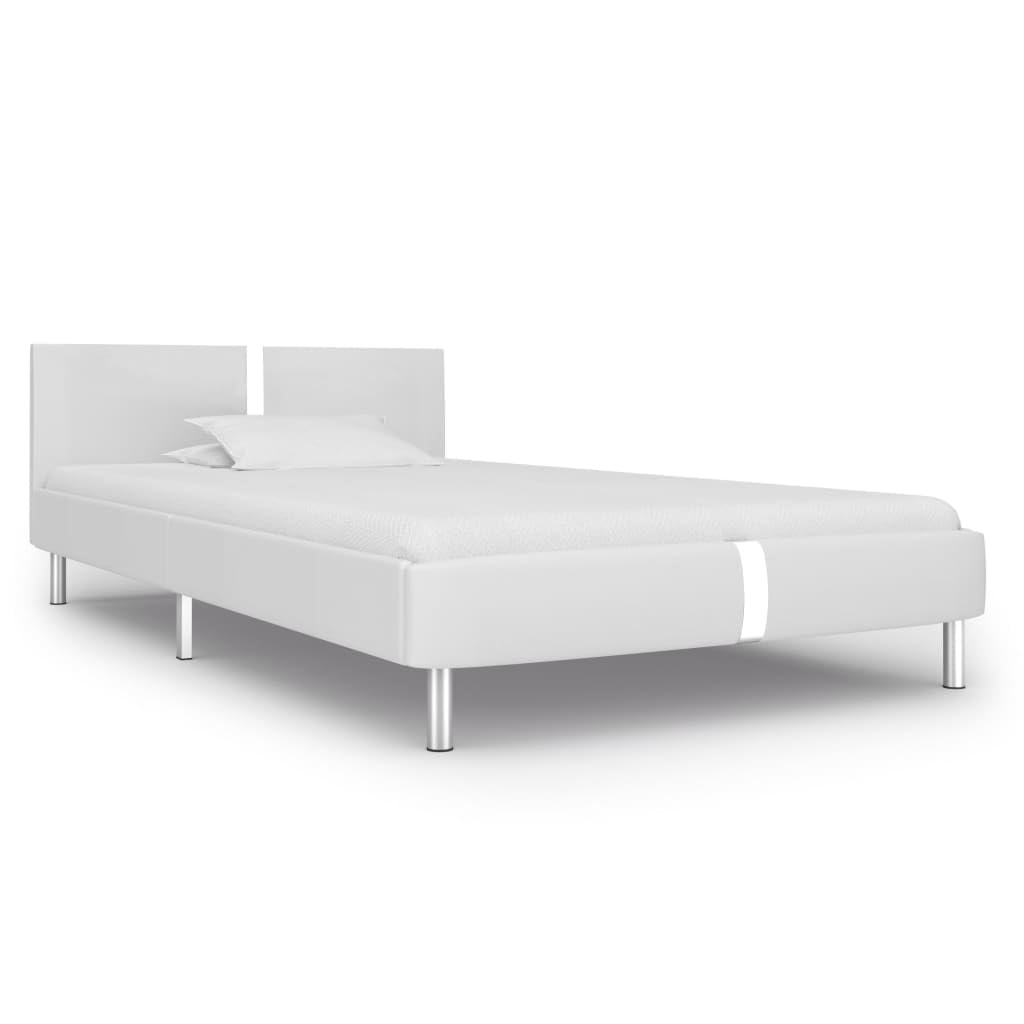 Rama łóżka ze sztucznej skóry z białej skóry, 90 x 200 cm, ze stelażem do łóżka pojedynczego, stabilne łóżko metalowe, eleganckie łóżko tapicerowane, trwałe łóżko do przechowywania