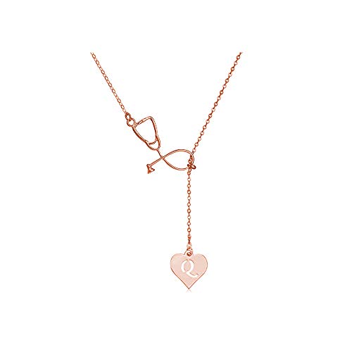 Dcfywl731 Nurse Gifts For Women Rose Gold Stethoscope Lariat Necklace 26 Initial Alphabet Letters Pendent Necklace Heart And Stethoscope Pendant For Medical Student Graduation(Q Stethoscope Necklace) #TOP12