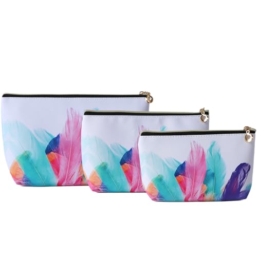 Kosmetiktasche 3er-Set, Makeup Tasche, Kulturtasche, Kulturbeutel, Schminktasche, Waschtasche, wasserdichte PU-Leder, Bunte Federn Muster, für Alltag und Reise, als Geschenk für Familie und Freunde Kosmetiktasche 3er-Set, Makeup Tasche, Kulturtasche, Kulturbeutel, Schminktasche, Waschtasche, wasserdichte PU-Leder, Bunte Federn Muster, für Alltag und Reise, als Geschenk für Familie und Freunde